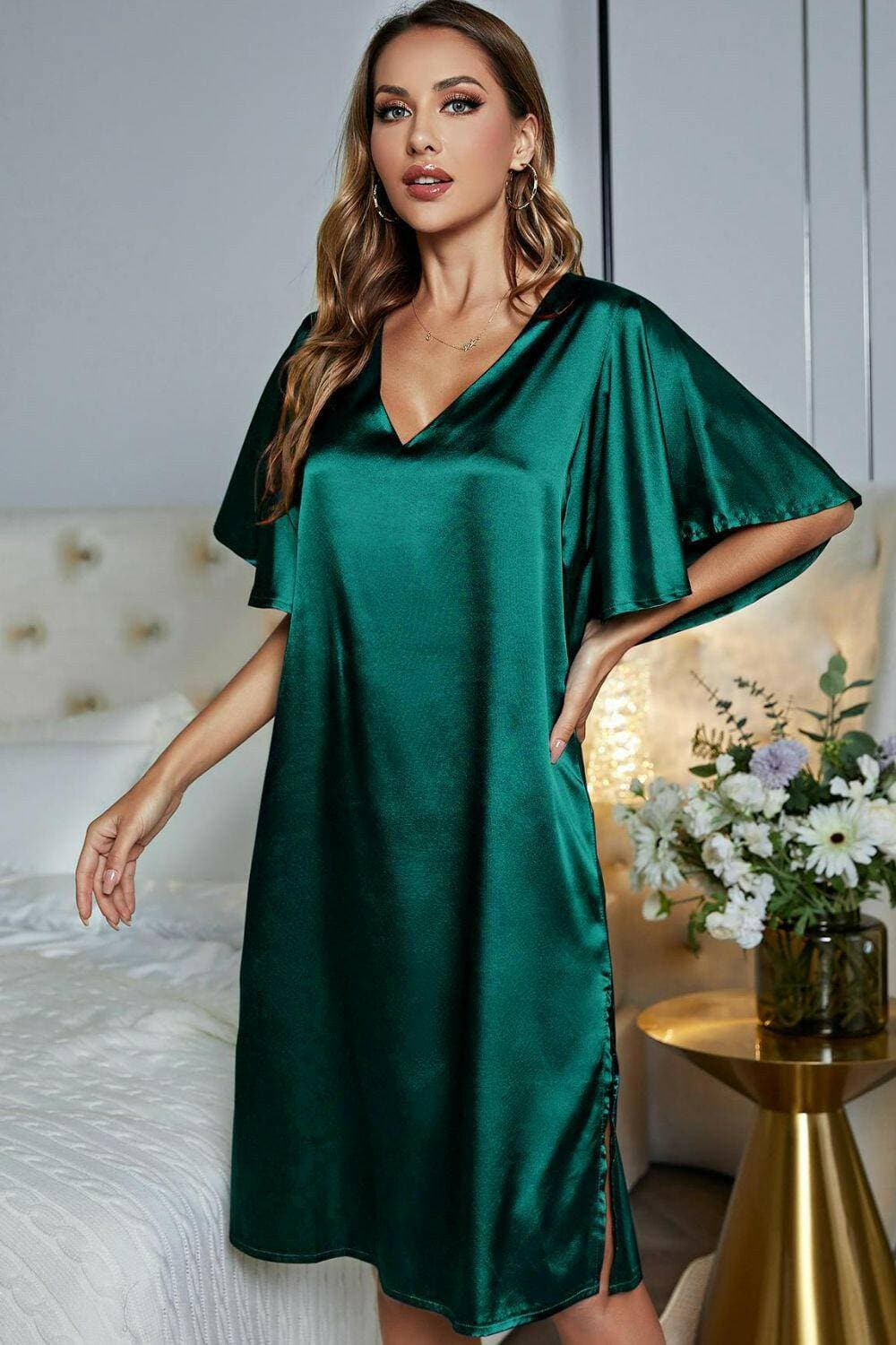 Elegant Satin V-Neck Night Dress with Flutter SleevesElegant Satin V-Neck Night Dress with Flutter Sleeves
 Indulge in pure luxury with our Elegant Satin V-Neck Night Dress, designed to elevate your nighttime routine wLove Salve -Neck Night Dressswimwear