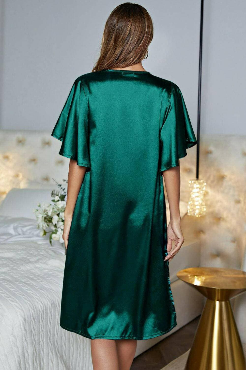 Elegant Satin V-Neck Night Dress with Flutter SleevesElegant Satin V-Neck Night Dress with Flutter Sleeves
 Indulge in pure luxury with our Elegant Satin V-Neck Night Dress, designed to elevate your nighttime routine wLove Salve -Neck Night Dressswimwear