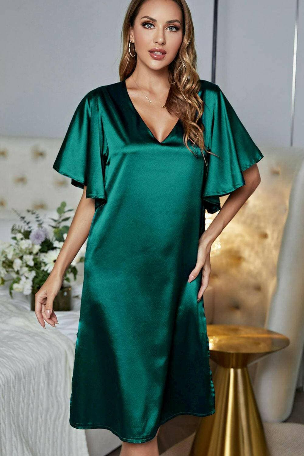 Elegant Satin V-Neck Night Dress with Flutter SleevesElegant Satin V-Neck Night Dress with Flutter Sleeves
 Indulge in pure luxury with our Elegant Satin V-Neck Night Dress, designed to elevate your nighttime routine wLove Salve -Neck Night Dressswimwear