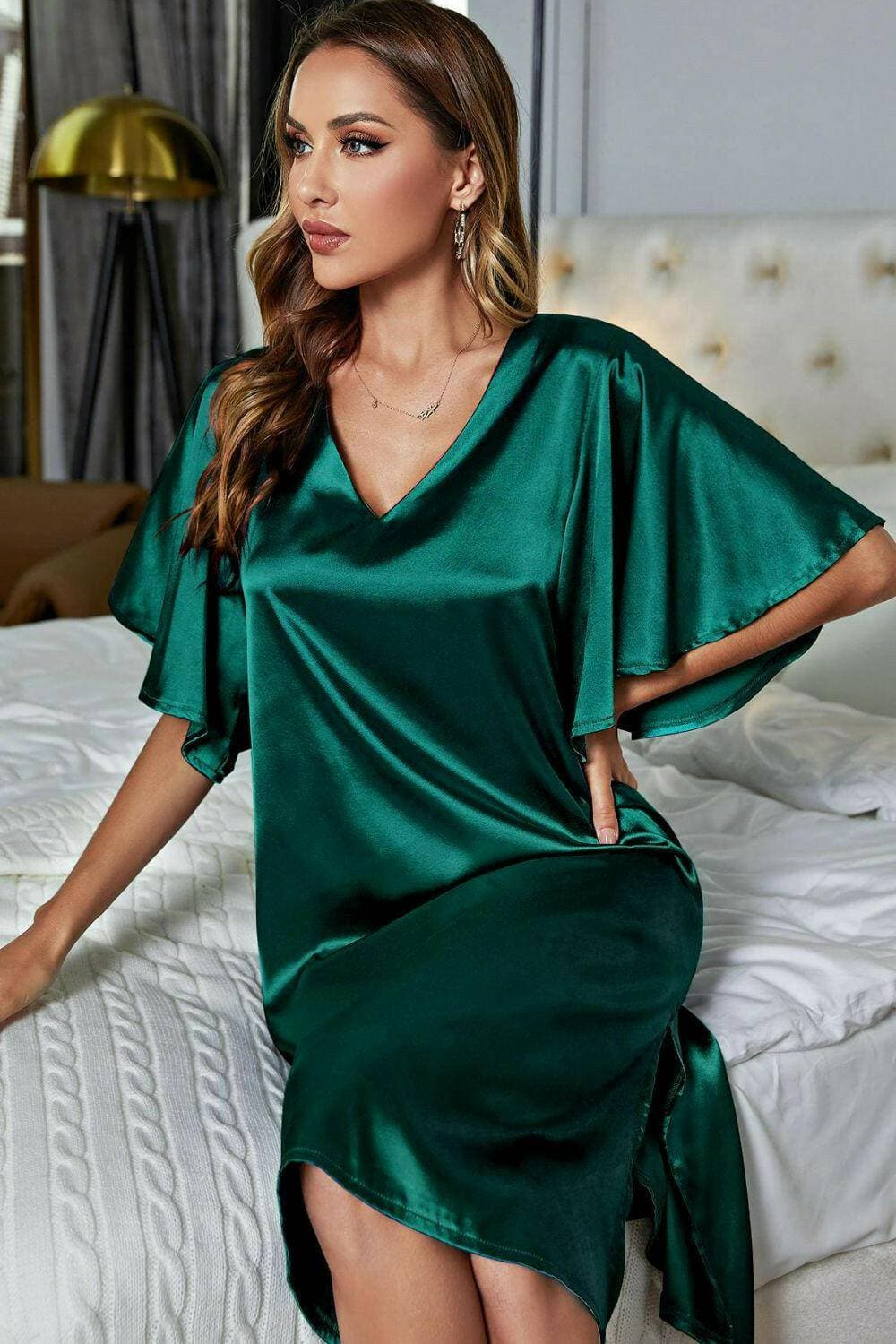 Elegant Satin V-Neck Night Dress with Flutter SleevesElegant Satin V-Neck Night Dress with Flutter Sleeves
 Indulge in pure luxury with our Elegant Satin V-Neck Night Dress, designed to elevate your nighttime routine wLove Salve -Neck Night Dressswimwear