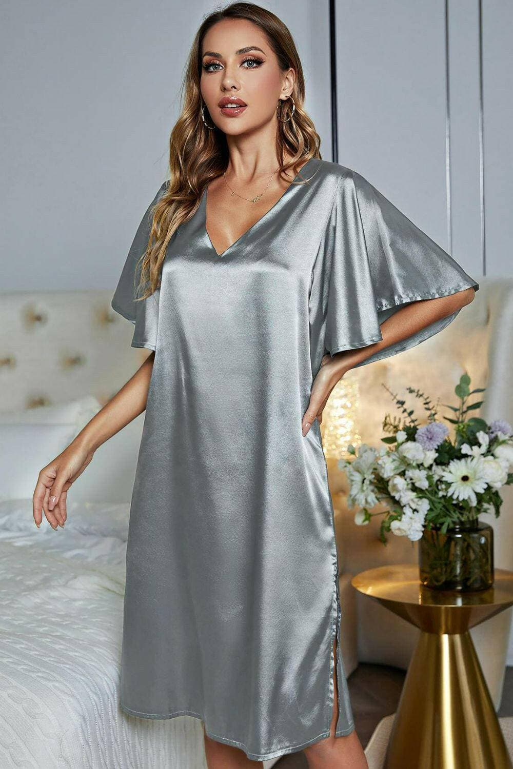 Elegant Satin V-Neck Night Dress with Flutter SleevesElegant Satin V-Neck Night Dress with Flutter Sleeves
 Indulge in pure luxury with our Elegant Satin V-Neck Night Dress, designed to elevate your nighttime routine wLove Salve -Neck Night Dressswimwear