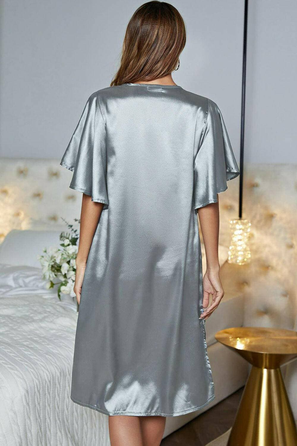 Elegant Satin V-Neck Night Dress with Flutter SleevesElegant Satin V-Neck Night Dress with Flutter Sleeves
 Indulge in pure luxury with our Elegant Satin V-Neck Night Dress, designed to elevate your nighttime routine wLove Salve -Neck Night Dressswimwear