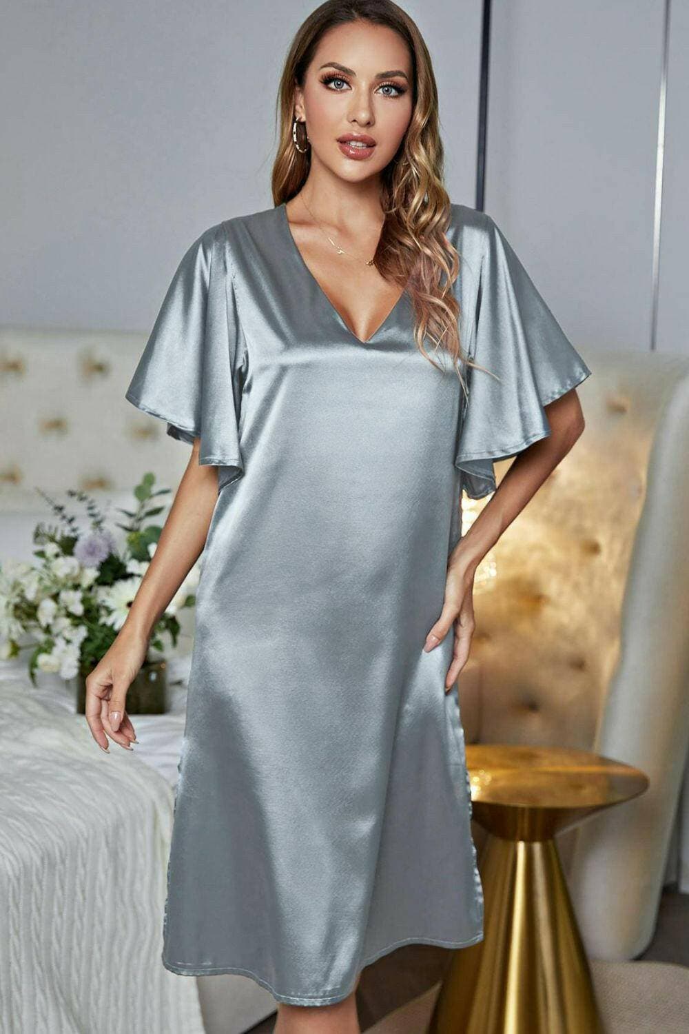 Elegant Satin V-Neck Night Dress with Flutter SleevesElegant Satin V-Neck Night Dress with Flutter Sleeves
 Indulge in pure luxury with our Elegant Satin V-Neck Night Dress, designed to elevate your nighttime routine wLove Salve -Neck Night Dressswimwear