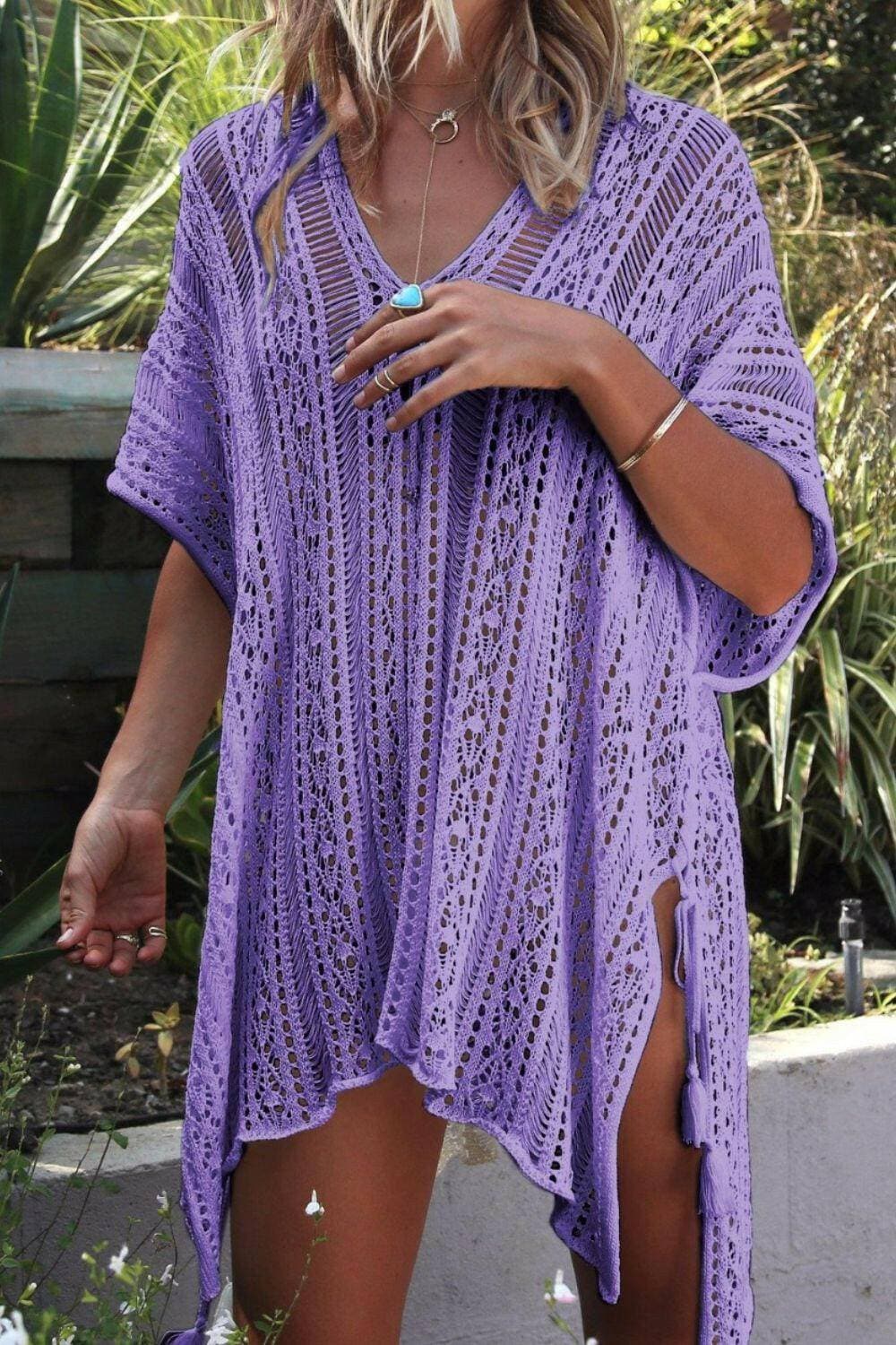 Sheer Cutout V-Neck Swimsuit Cover-Up with TasselSheer Cutout V-Neck Swimsuit Cover-Up with Tassel
 Turn heads and make a statement with our Sheer Cutout V-Neck Swimsuit Cover-Up with Tassel. This cover-up is the eLove Salve -Neck Swimsuit Cover-swimwear