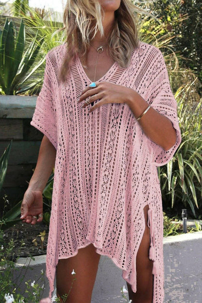 Sheer Cutout V-Neck Swimsuit Cover-Up with TasselSheer Cutout V-Neck Swimsuit Cover-Up with Tassel
 Turn heads and make a statement with our Sheer Cutout V-Neck Swimsuit Cover-Up with Tassel. This cover-up is the eLove Salve -Neck Swimsuit Cover-swimwear