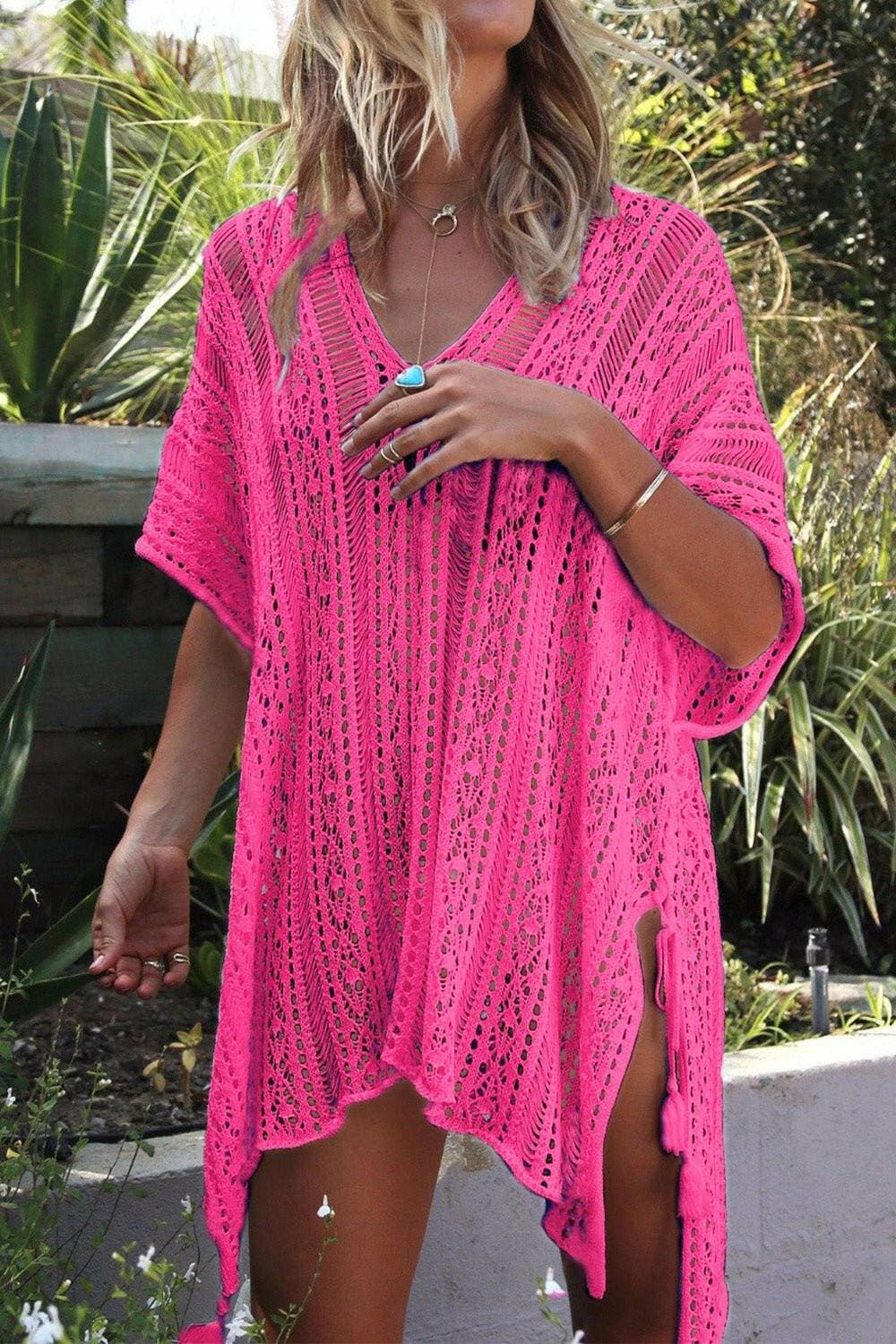 Sheer Cutout V-Neck Swimsuit Cover-Up with TasselSheer Cutout V-Neck Swimsuit Cover-Up with Tassel
 Turn heads and make a statement with our Sheer Cutout V-Neck Swimsuit Cover-Up with Tassel. This cover-up is the eLove Salve -Neck Swimsuit Cover-swimwear