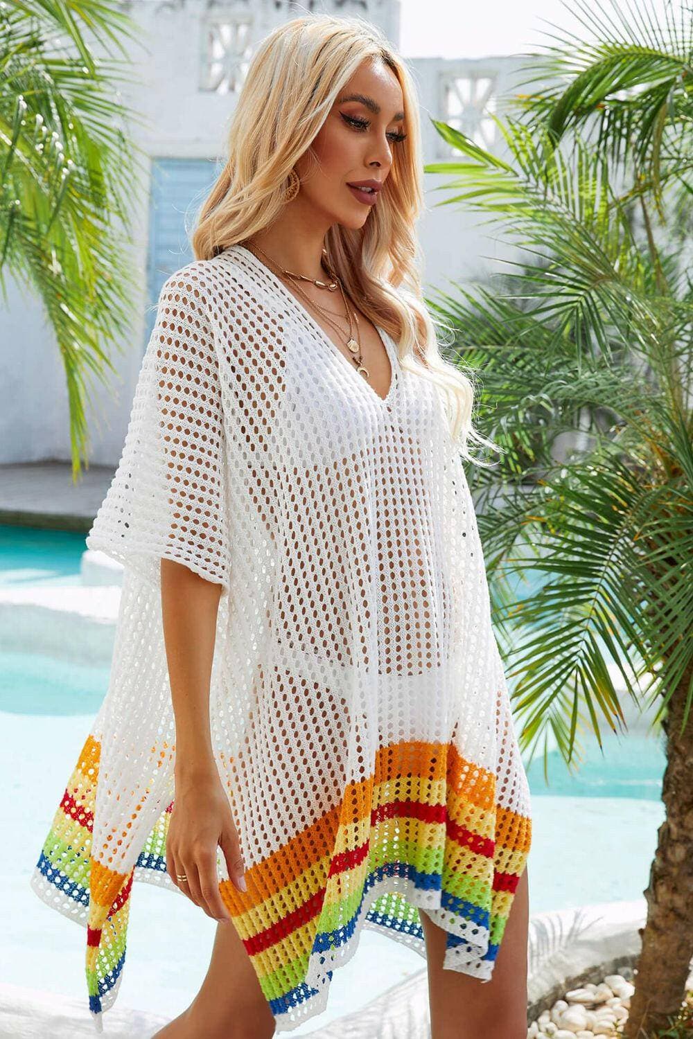 Vibrant Rainbow Striped Crochet Slit Beach Cover-UpExperience the Vibrant Rainbow Striped Crochet Slit Beach Cover-Up
 
 
Pattern: Stand out with a striking contrast pattern of vibrant rainbow stripes
 
Design: FeatuLove Salve Vibrant Rainbow Striped Crochet Slit Beach Cover-swimwear