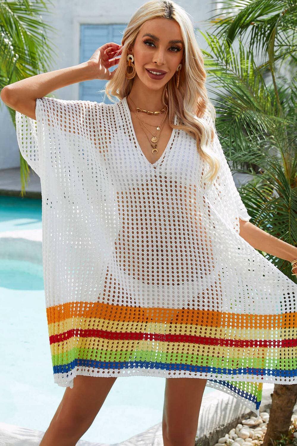 Vibrant Rainbow Striped Crochet Slit Beach Cover-UpExperience the Vibrant Rainbow Striped Crochet Slit Beach Cover-Up
 
 
Pattern: Stand out with a striking contrast pattern of vibrant rainbow stripes
 
Design: FeatuLove Salve Vibrant Rainbow Striped Crochet Slit Beach Cover-swimwear