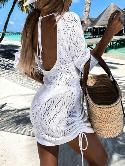 Openwork Drawstring Beach Cover-Up with Backless DetailOpenwork Drawstring Beach Cover-Up with Backless Detail
 Step into Effortless Elegance with our Openwork Drawstring Beach Cover-Up, designed to elevate your beach stLove Salve Openwork Drawstring Beach Cover-swimwear