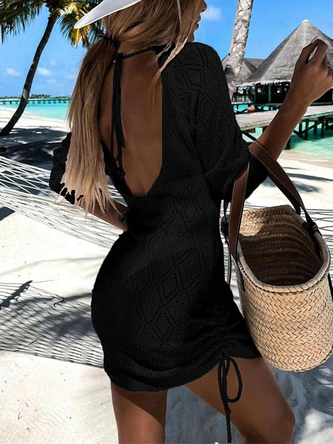 Openwork Drawstring Beach Cover-Up with Backless DetailOpenwork Drawstring Beach Cover-Up with Backless Detail
 Step into Effortless Elegance with our Openwork Drawstring Beach Cover-Up, designed to elevate your beach stLove Salve Openwork Drawstring Beach Cover-swimwear