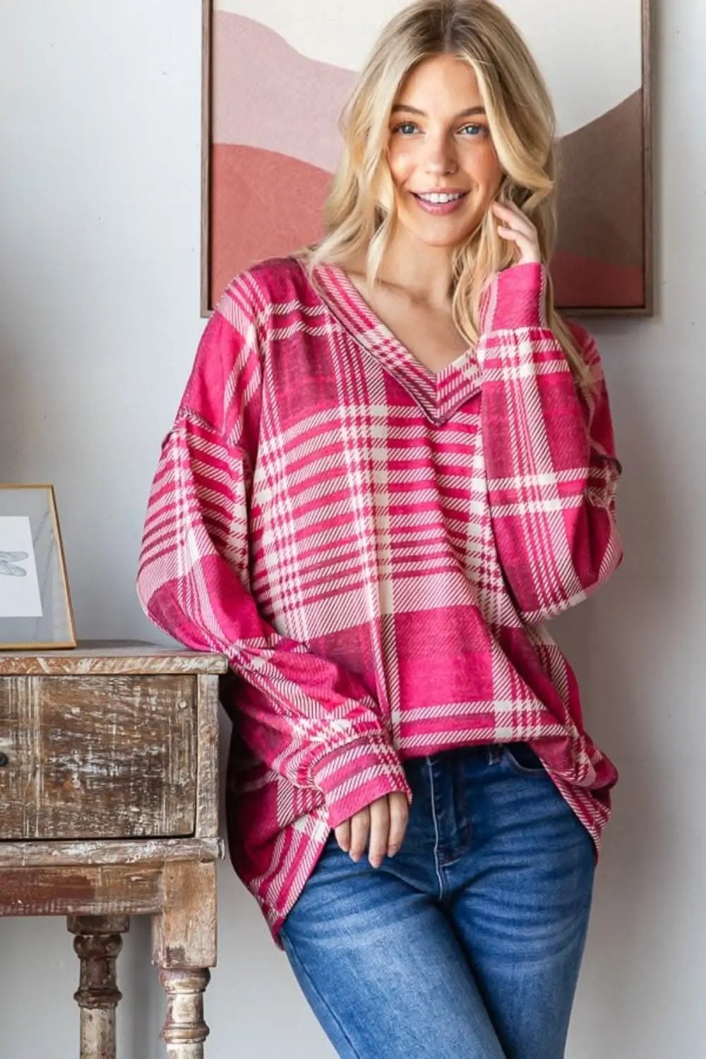 Plaid V-neck tee with drop shoulder - Love Salve 