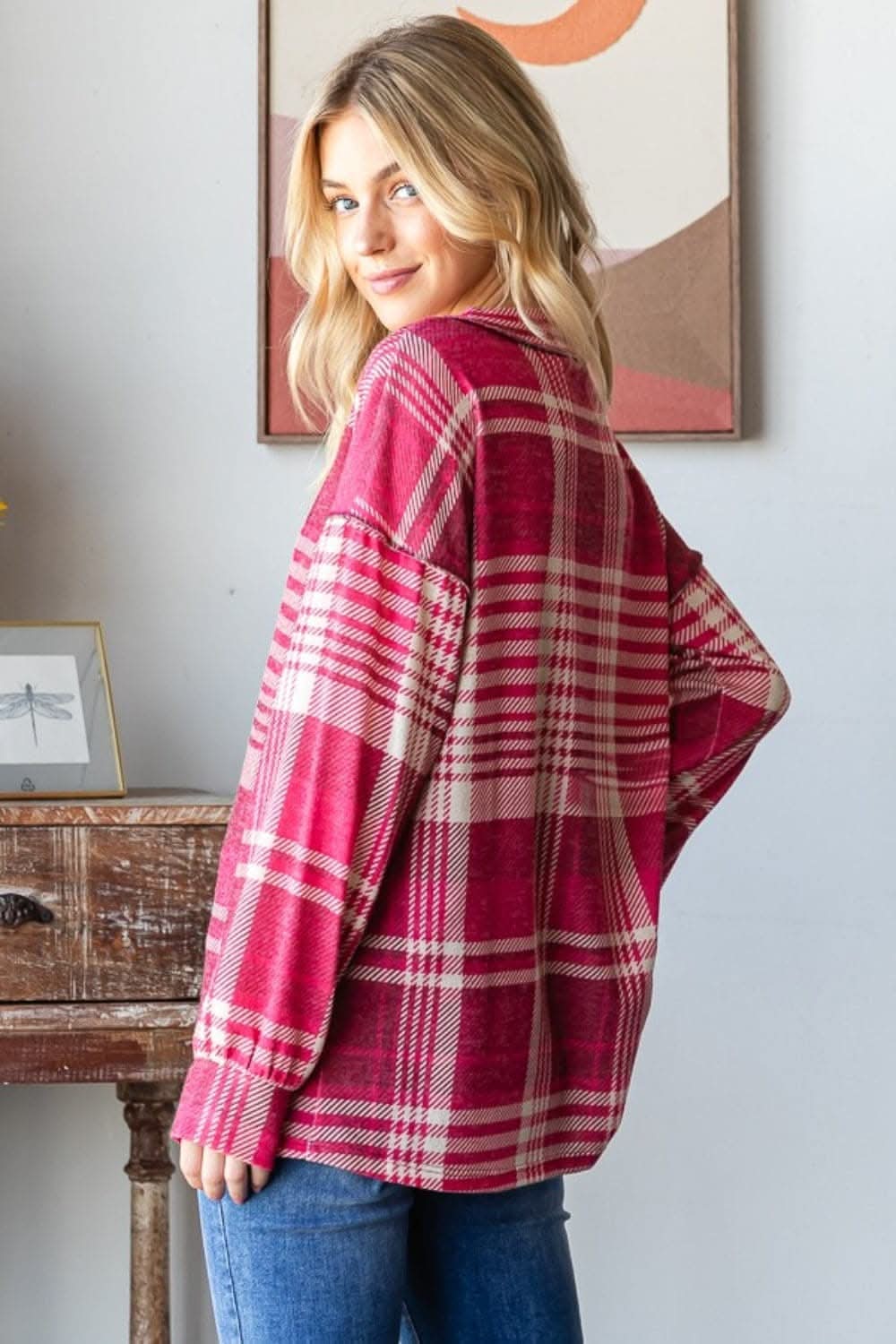 Plaid V-neck tee with drop shoulder - Love Salve 