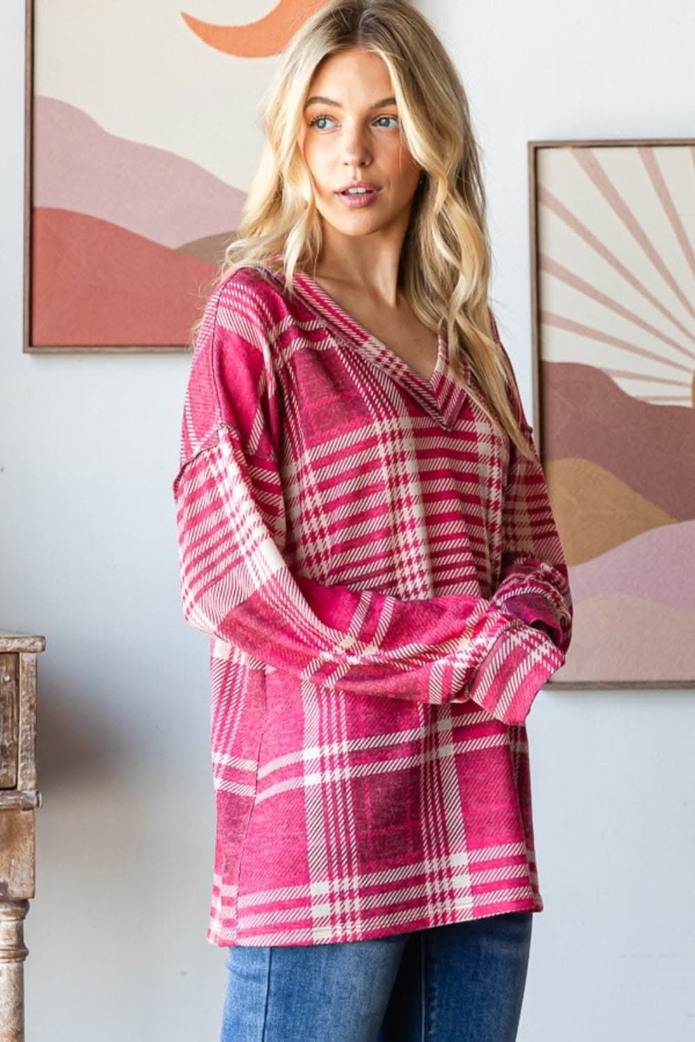 Plaid V-neck tee with drop shoulder - Love Salve 