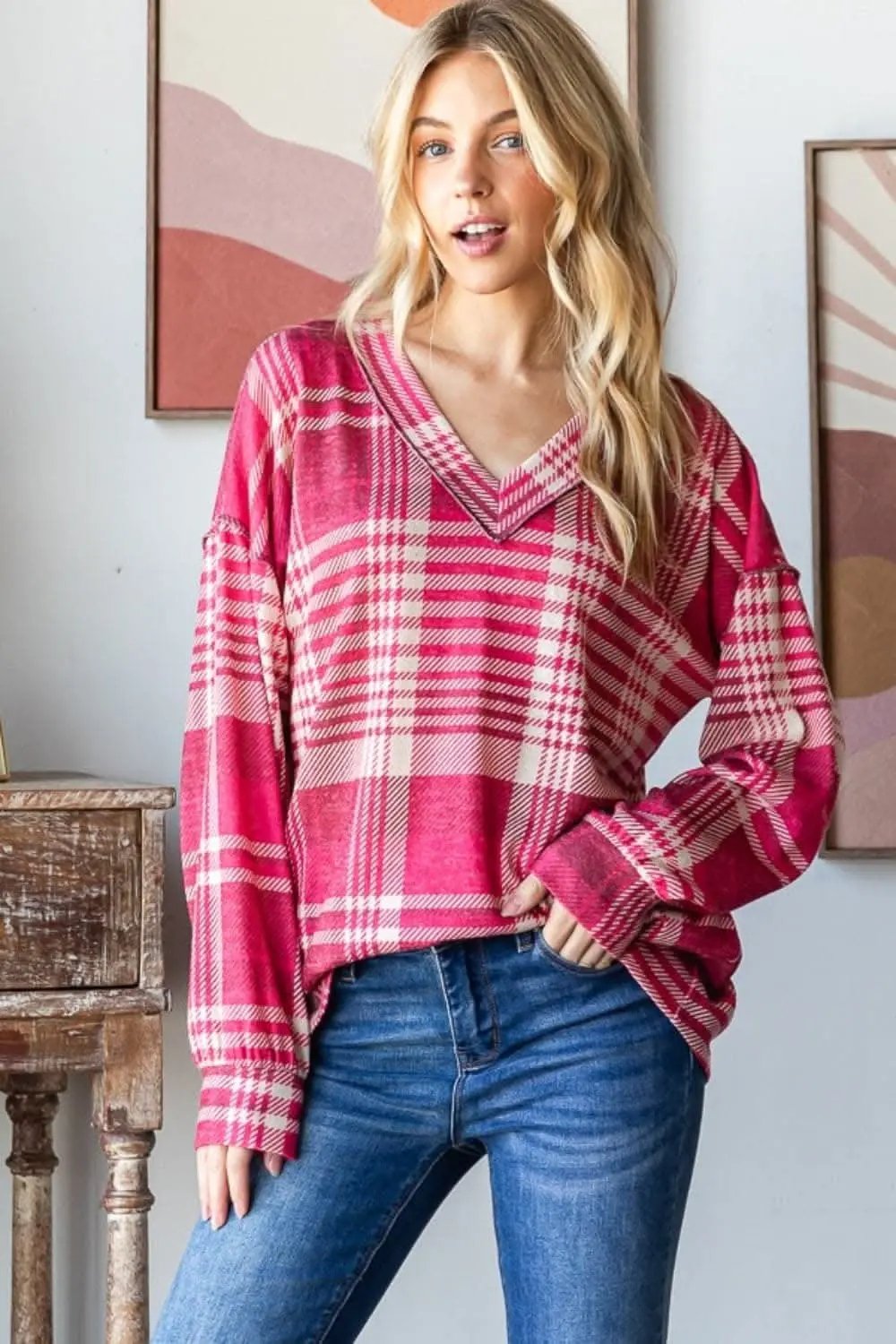 Plaid V-neck tee with drop shoulder - Love Salve 