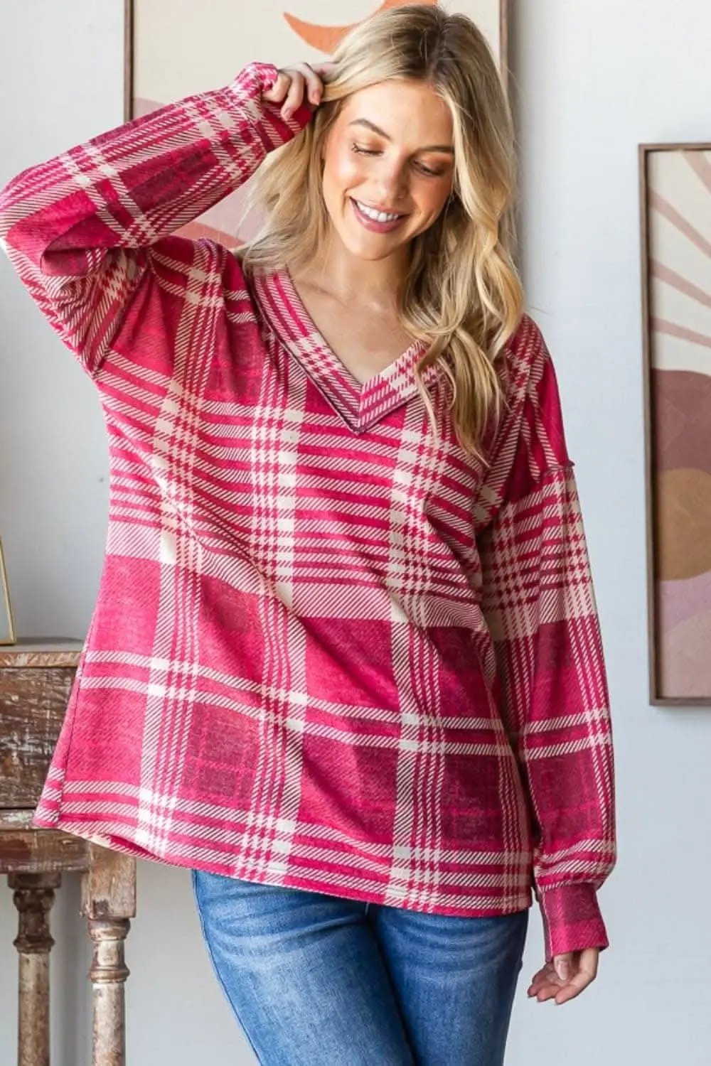 Plaid V-neck tee with drop shoulder - Love Salve 