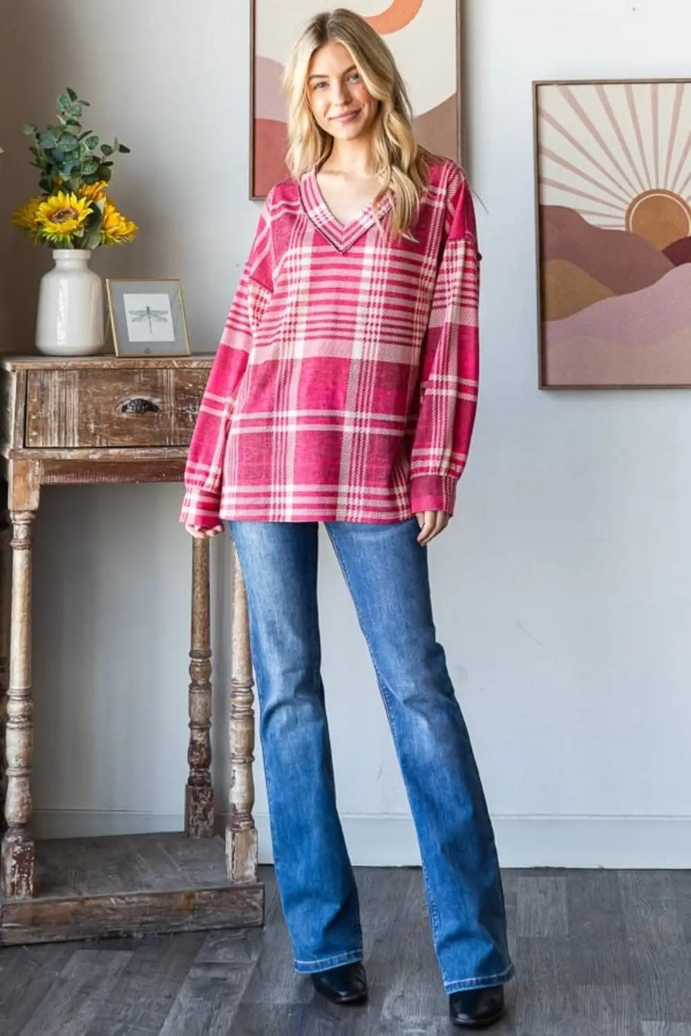 Plaid V-neck tee with drop shoulder - Love Salve 