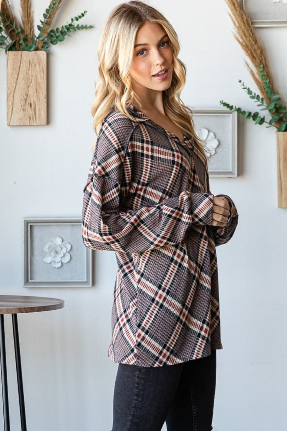 Plaid V-neck tee with seam detail - Love Salve 