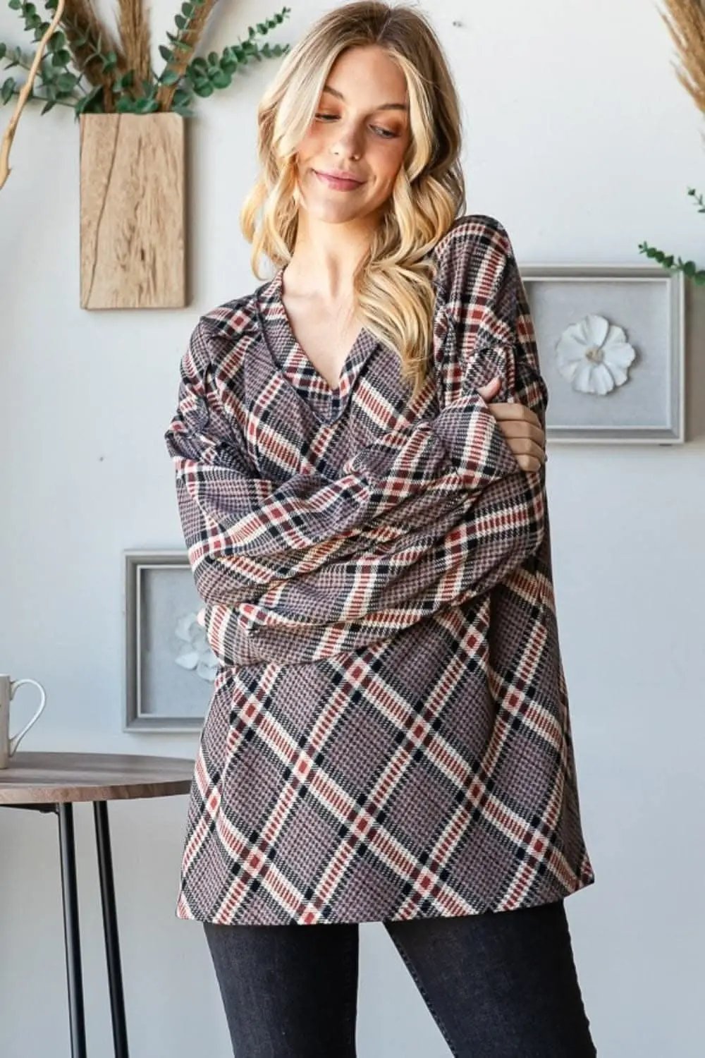 Plaid V-neck tee with seam detail - Love Salve 