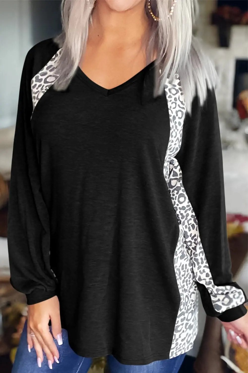 Leopard print v-neck long sleeve tee - Love Salve 