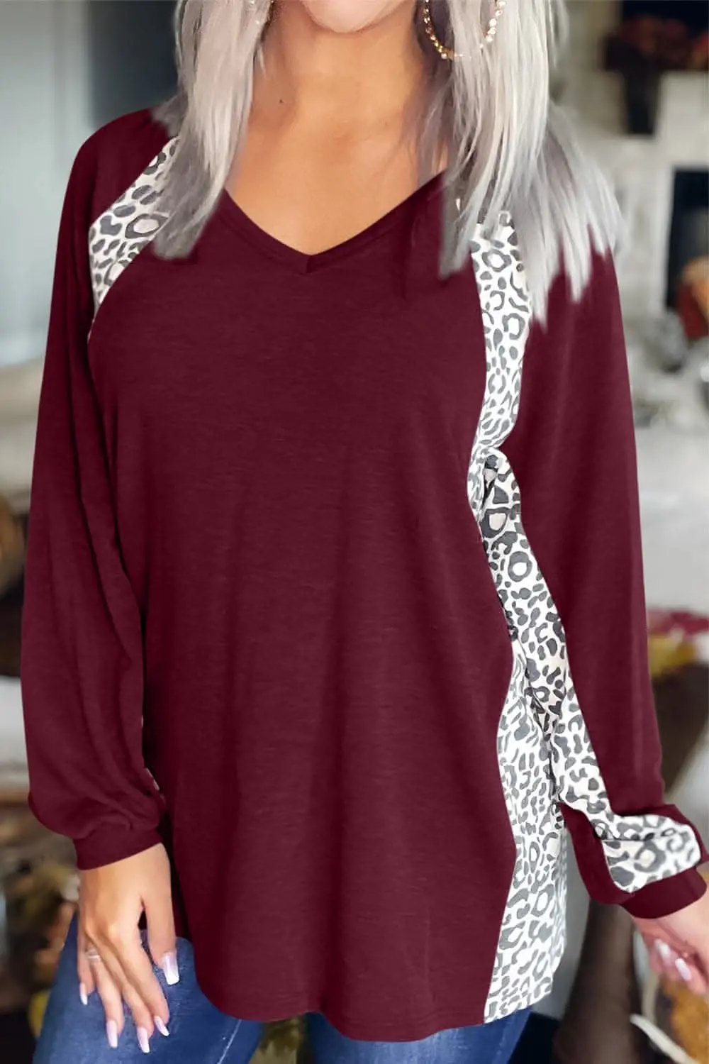 Leopard print v-neck long sleeve tee - Love Salve 