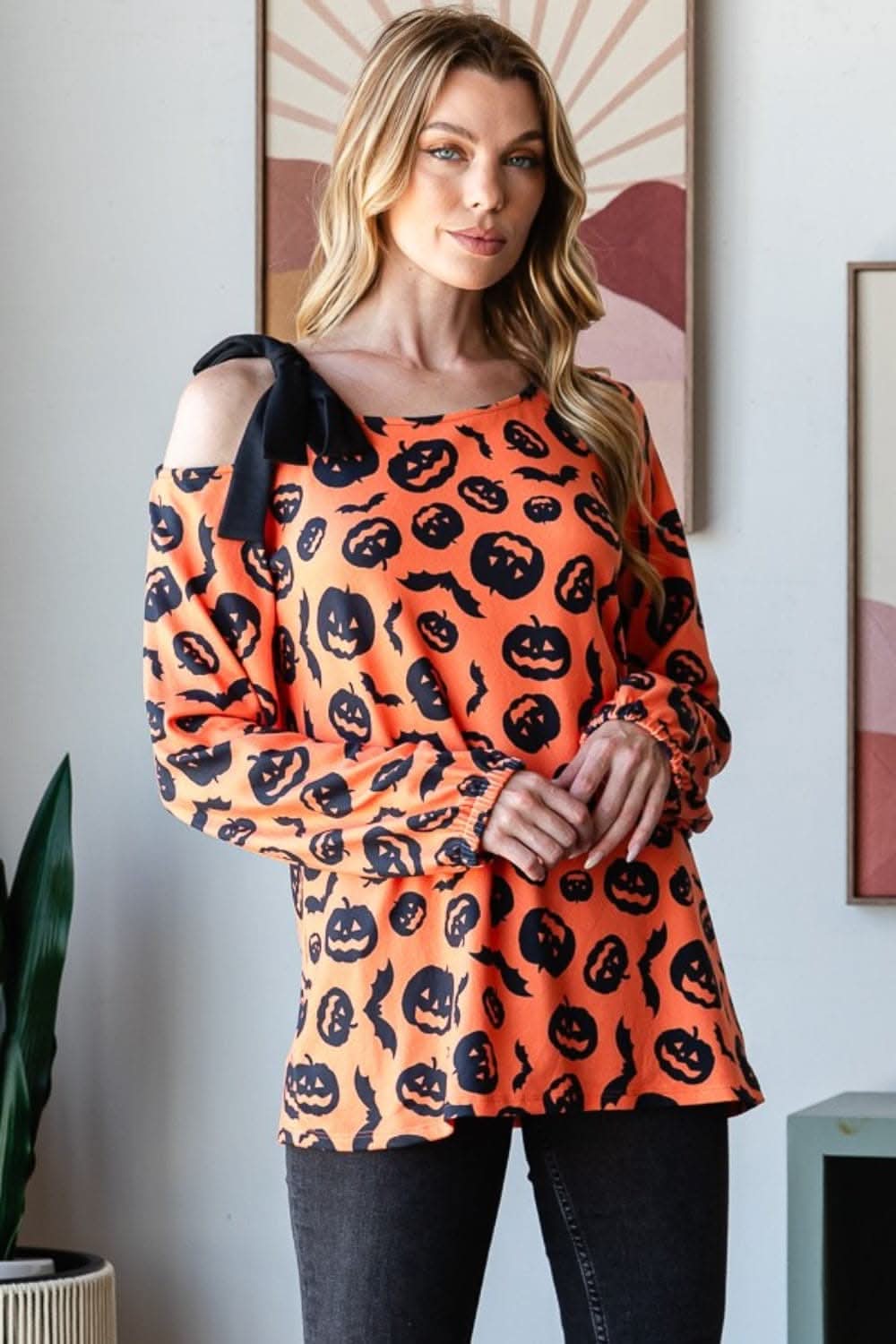 Pumpkin Print One-Shoulder Tee - Love Salve 