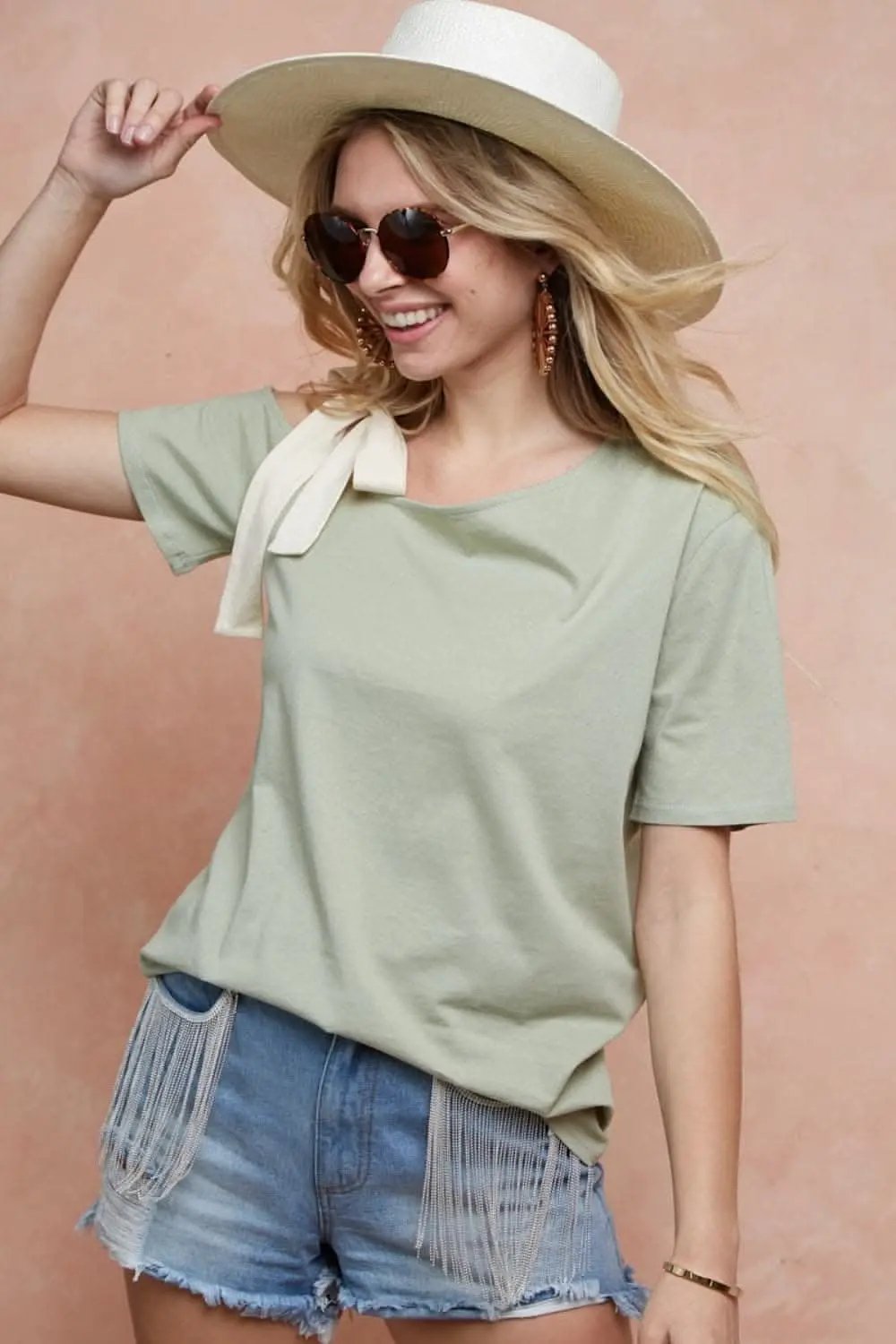 One-shoulder tied ribbon short sleeve tee - Love Salve 