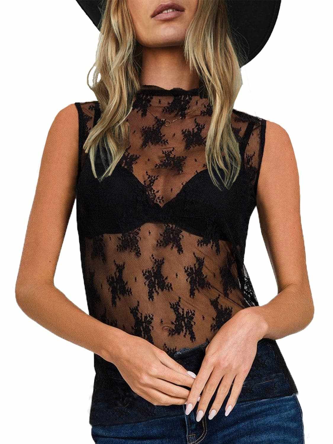 Sheer lace mock neck top - Love Salve 