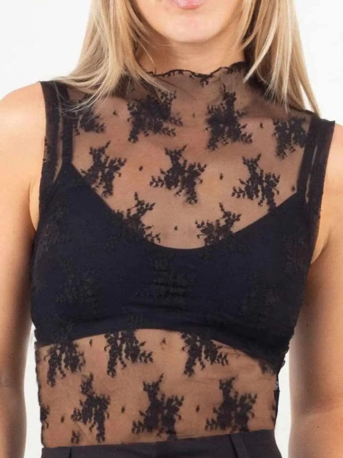Sheer lace mock neck top - Love Salve 