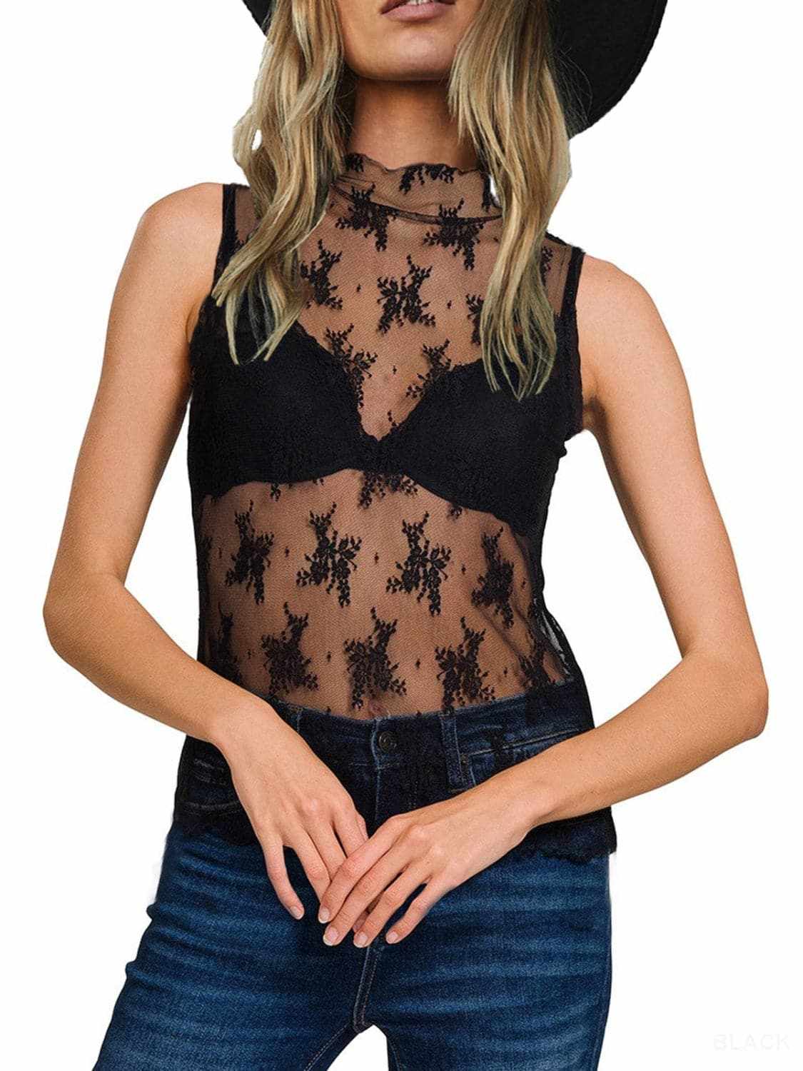Sheer lace mock neck top - Love Salve 