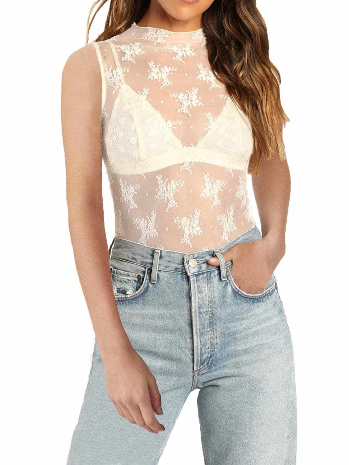 Sheer lace mock neck top - Love Salve 