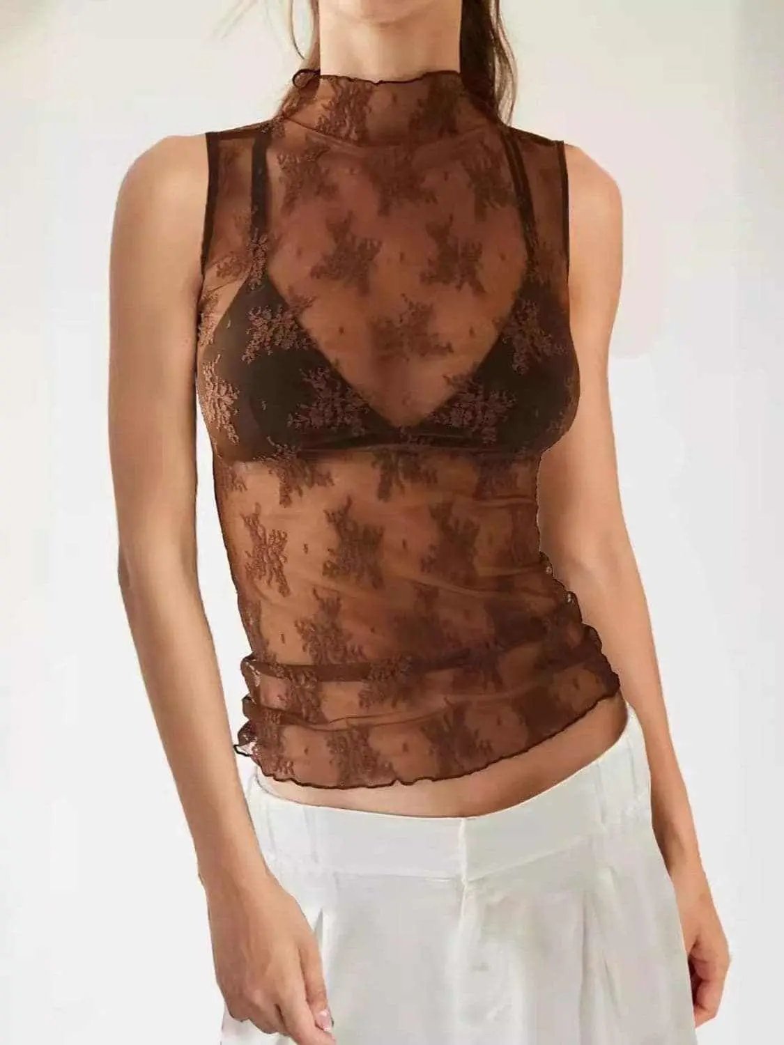 Sheer lace mock neck top - Love Salve 