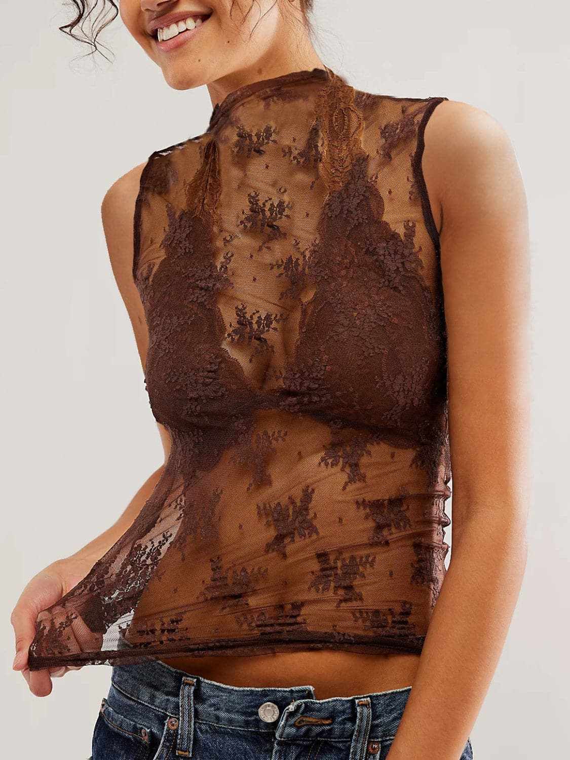 Sheer lace mock neck top - Love Salve 