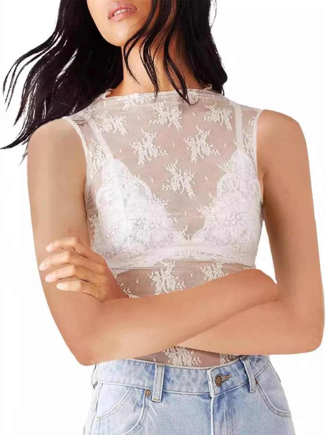 Sheer lace mock neck top - Love Salve 