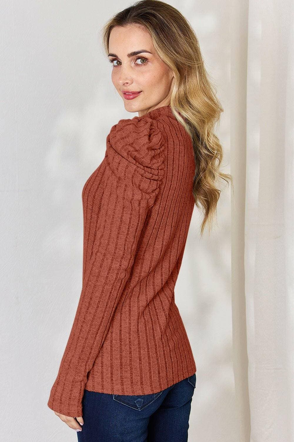 Ribbed Elegance Mock Neck Top with Puff SleevesDiscover Effortless Elegance
 Embrace sophistication with our Ribbed Elegance Mock Neck Top with Puff Sleeves. This top is designed to elevate your everyday wardrobeLove Salve Ribbed Elegance Mock Neck TopTIKTOK