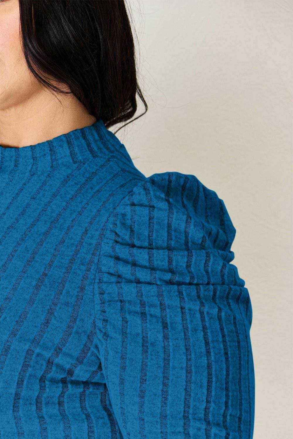 Ribbed mock neck top with puff sleeves - Love Salve 