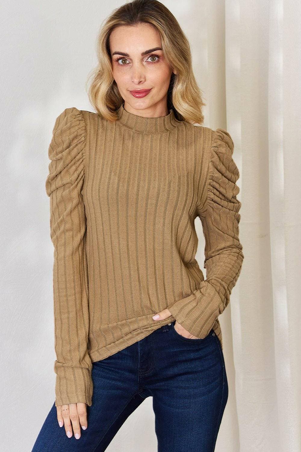 Ribbed Elegance Mock Neck Top with Puff SleevesDiscover Effortless Elegance
 Embrace sophistication with our Ribbed Elegance Mock Neck Top with Puff Sleeves. This top is designed to elevate your everyday wardrobeLove Salve Ribbed Elegance Mock Neck TopTIKTOK