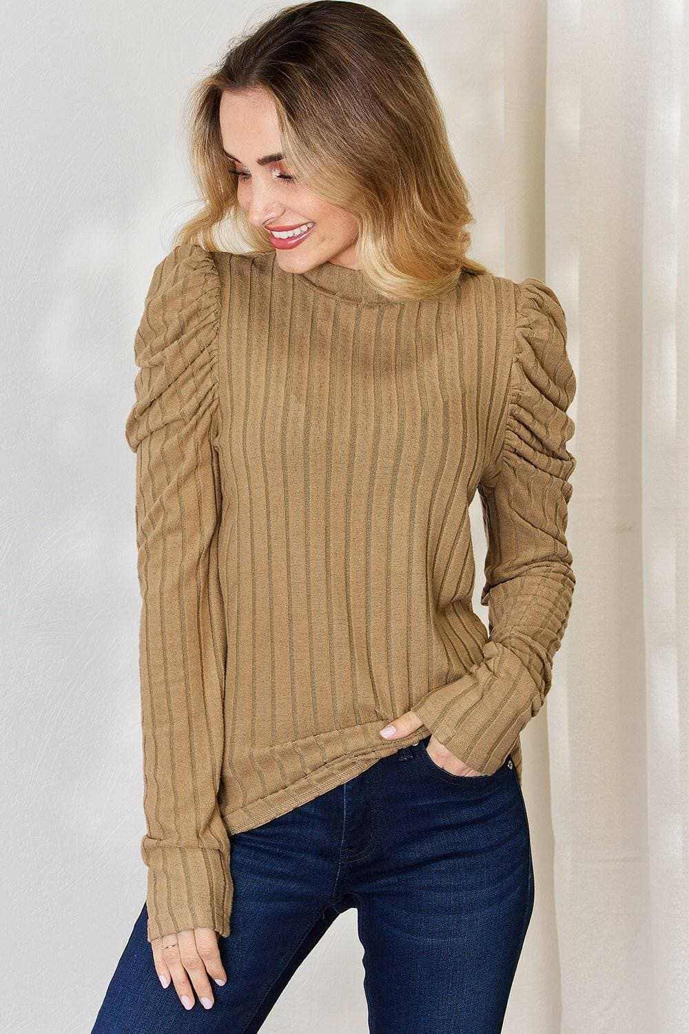 Ribbed mock neck top with puff sleeves - Love Salve 