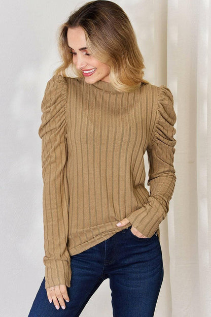 Ribbed Elegance Mock Neck Top with Puff SleevesDiscover Effortless Elegance
 Embrace sophistication with our Ribbed Elegance Mock Neck Top with Puff Sleeves. This top is designed to elevate your everyday wardrobeLove Salve Ribbed Elegance Mock Neck TopTIKTOK