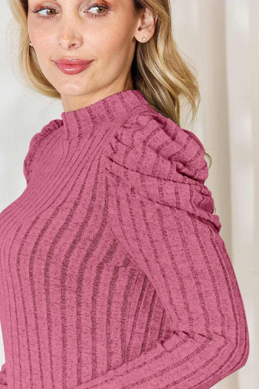 Ribbed mock neck top with puff sleeves - Love Salve 