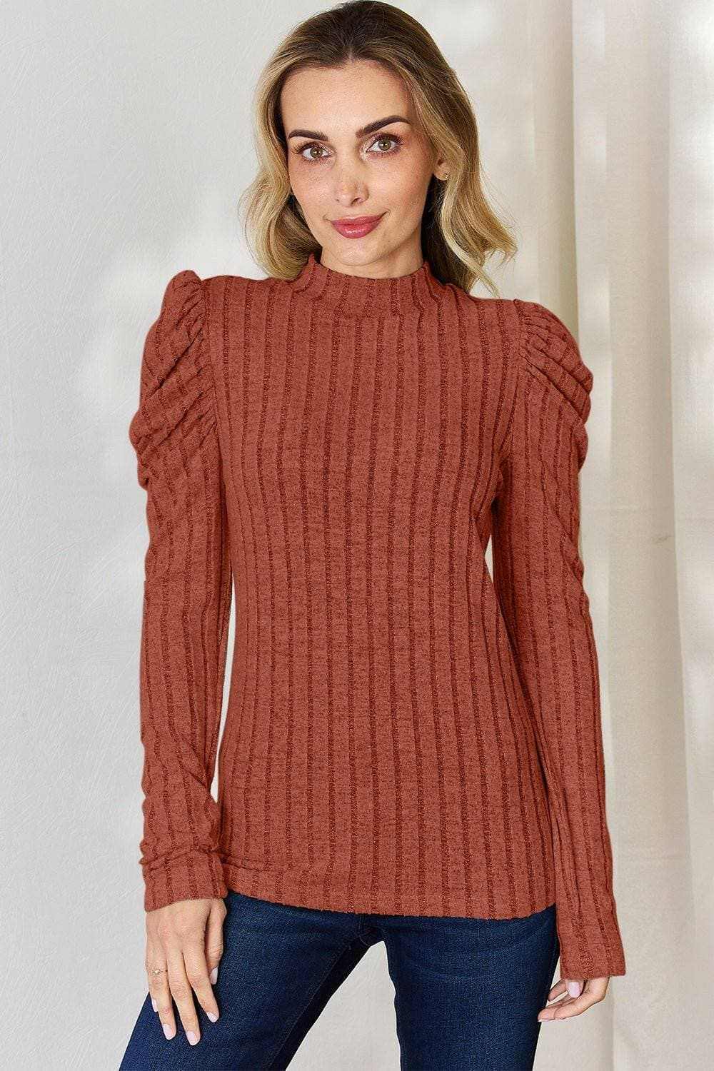 Ribbed mock neck top with puff sleeves - Love Salve 