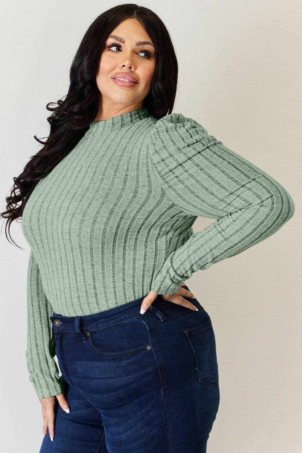 Ribbed mock neck top with puff sleeves - Love Salve 