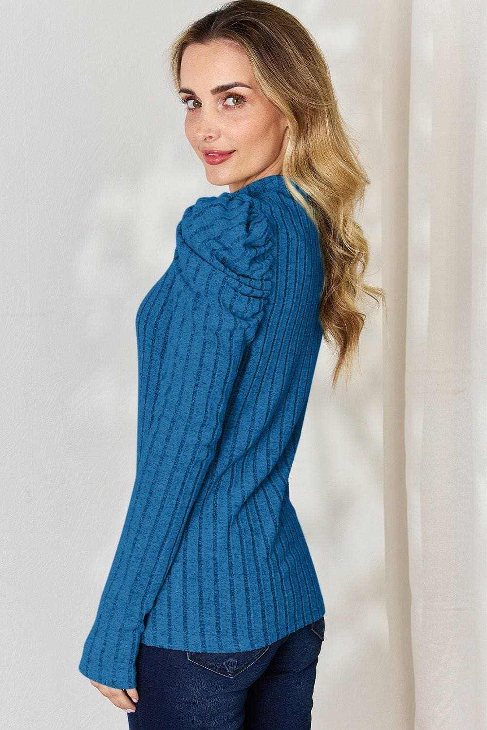 Ribbed mock neck top with puff sleeves - Love Salve 