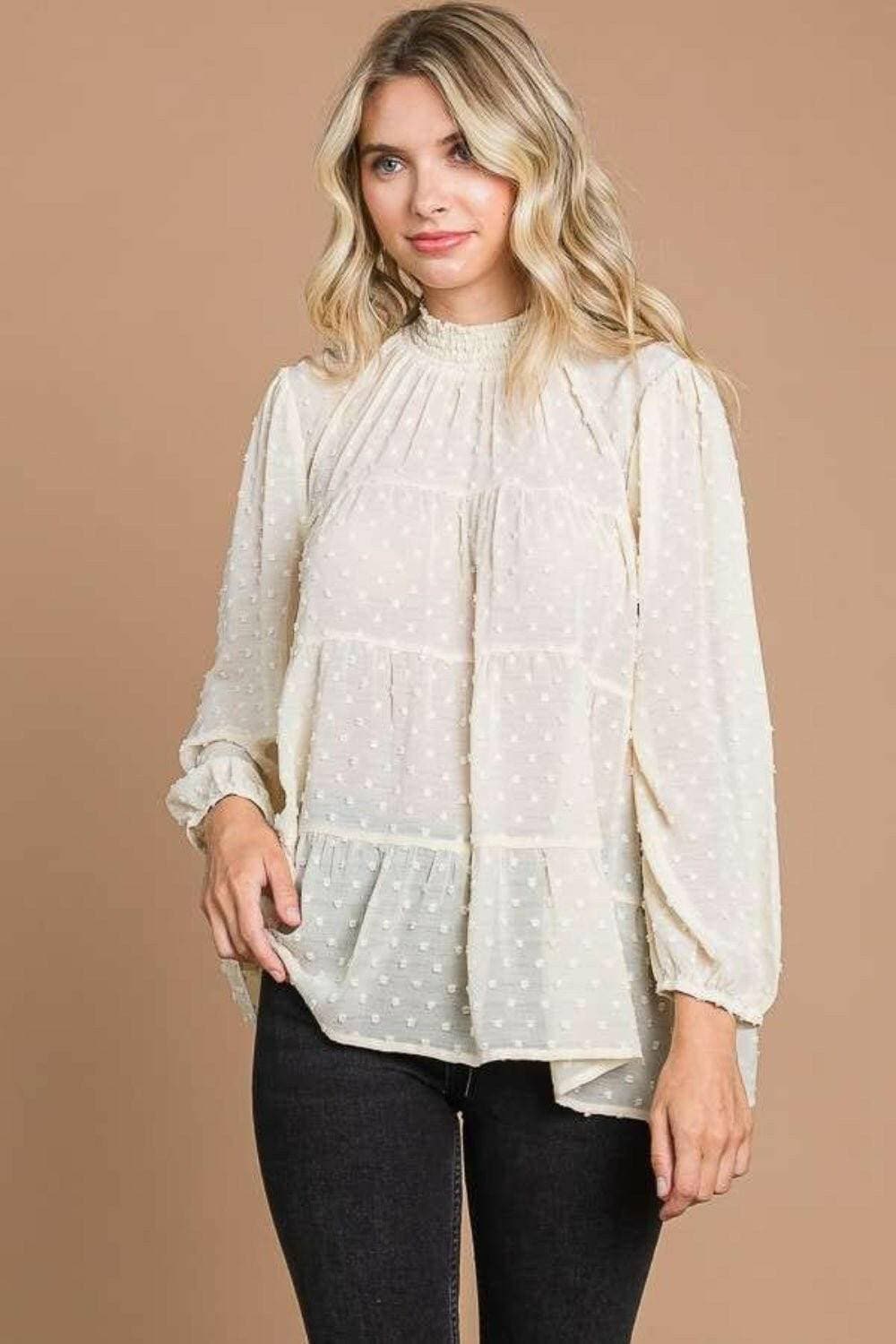 Swiss Dot Charm Mock Neck BlouseIndulge in Elegance with the Swiss Dot Charm Mock Neck Blouse
 Discover the perfect blend of sophistication and style with our Swiss Dot Charm Mock Neck Blouse. ThisLove Salve Swiss Dot Charm Mock Neck BlouseTIKTOK