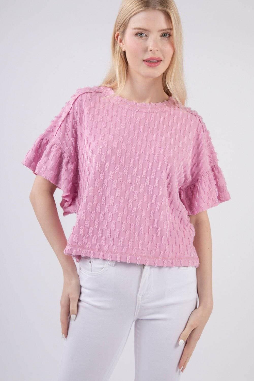 Chic Textured Ruffle Sleeve Top by VERY JChic Textured Ruffle Sleeve Top by VERY J
 Elevate your wardrobe with the Chic Textured Ruffle Sleeve Top by VERY J, where effortless style meets playful elegance.
 Love Salve Chic Textured Ruffle Sleeve TopTIKTOK