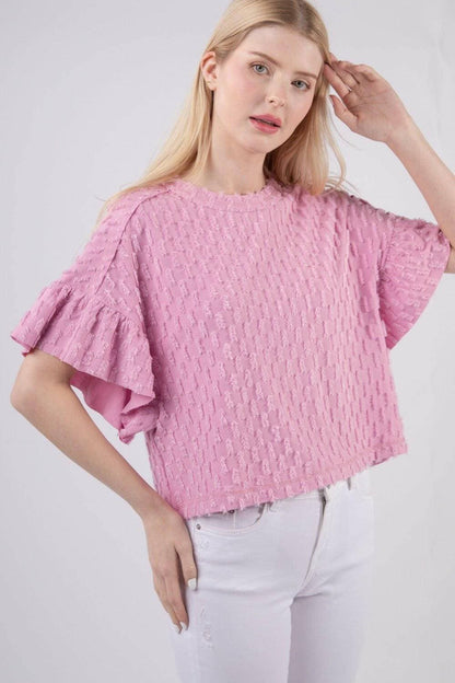 Chic Textured Ruffle Sleeve Top by VERY JChic Textured Ruffle Sleeve Top by VERY J
 Elevate your wardrobe with the Chic Textured Ruffle Sleeve Top by VERY J, where effortless style meets playful elegance.
 Love Salve Chic Textured Ruffle Sleeve TopTIKTOK