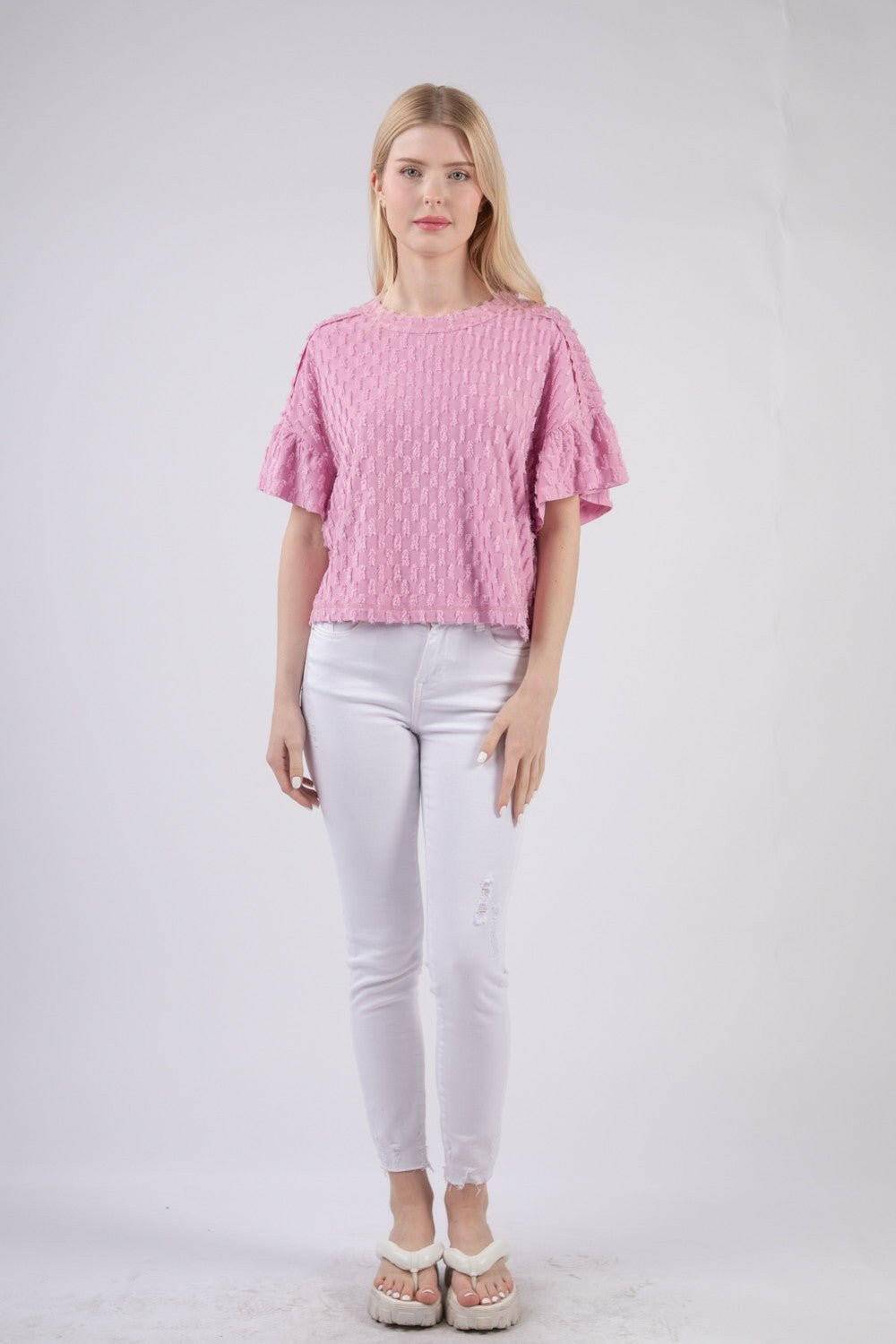 Chic Textured Ruffle Sleeve Top by VERY JChic Textured Ruffle Sleeve Top by VERY J
 Elevate your wardrobe with the Chic Textured Ruffle Sleeve Top by VERY J, where effortless style meets playful elegance.
 Love Salve Chic Textured Ruffle Sleeve TopTIKTOK