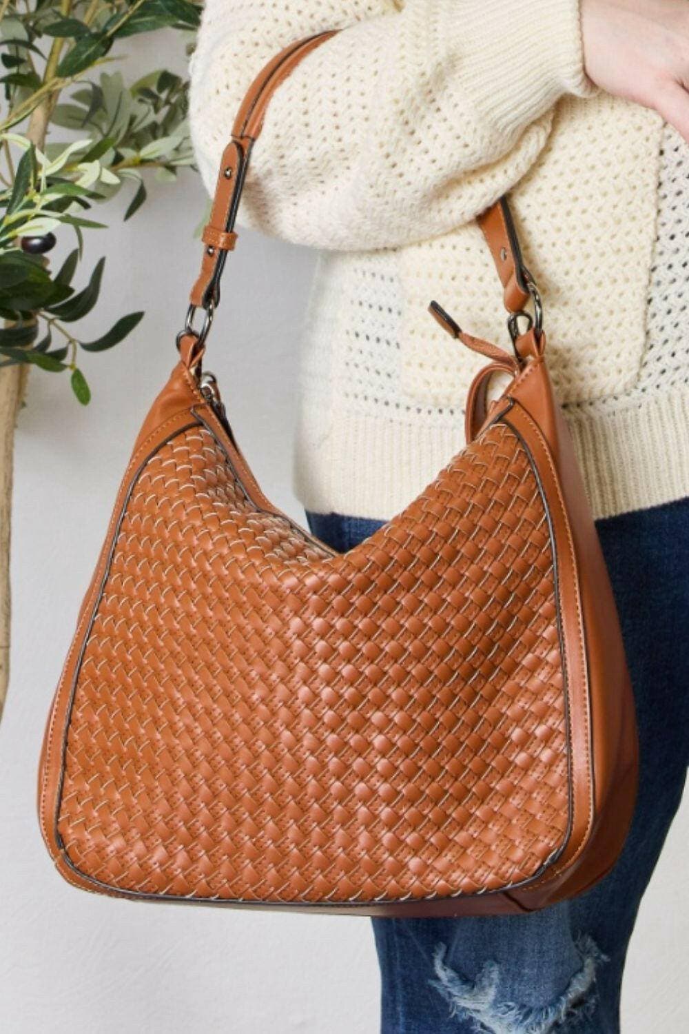 Stylish handcrafted vegan leather shoulder bag with unique woven design