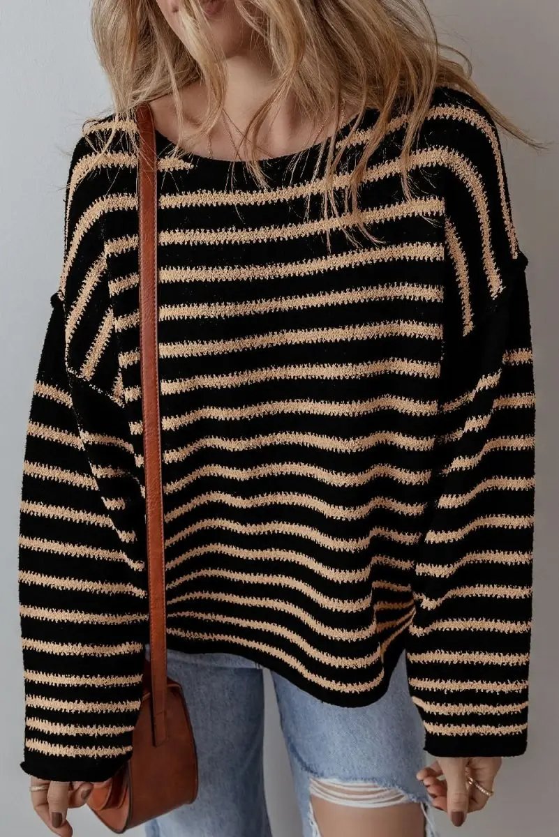 Trendy Black Striped Oversized Round Neck Sweater - Love Salve 
