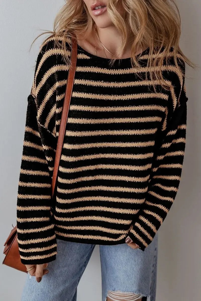 Trendy Black Striped Oversized Round Neck Sweater - Love Salve 