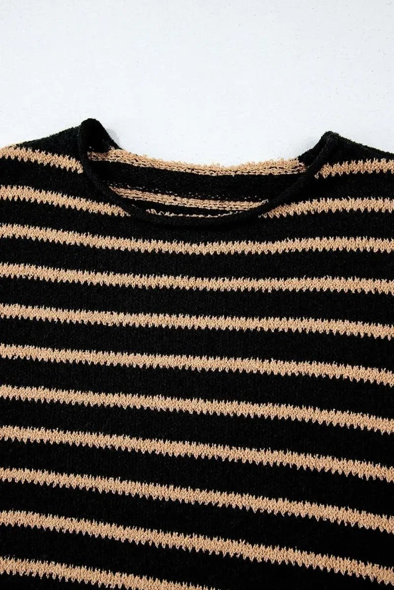 Trendy Black Striped Oversized Round Neck Sweater - Love Salve 